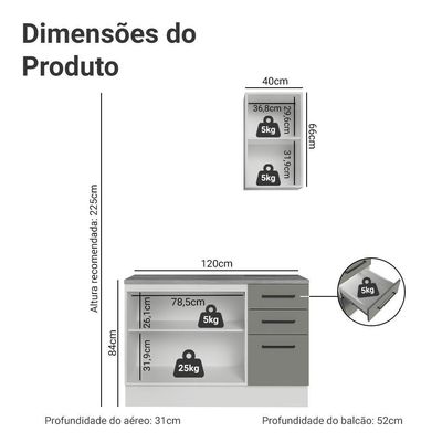Conjunto Gabinete Para Banheiro 120cm 3 Portas 3 Gavetas Agata Madesa 01 Branco-cinza