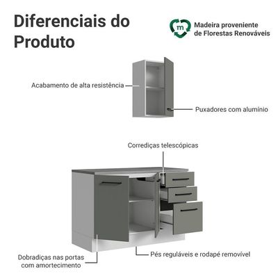 Conjunto Gabinete Para Banheiro 120cm 3 Portas 3 Gavetas Agata Madesa 01 Branco-cinza