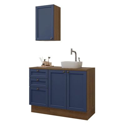 Conjunto Gabinete Para Banheiro 110cm 3 Gavetas 3 Portas Vik Madesa 01 Rustic-azul