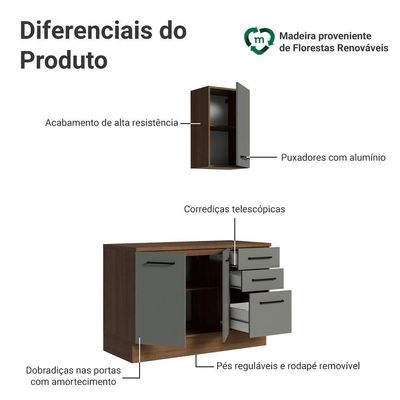 Conjunto Gabinete Para Banheiro 120cm 3 Portas 3 Gavetas Agata Madesa 01 Rustic-cinza