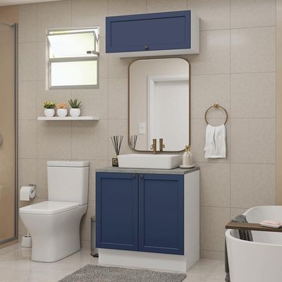 Conjunto Gabinete Para Banheiro 80cm 3 Portas Vik Madesa 02 Branco-azul