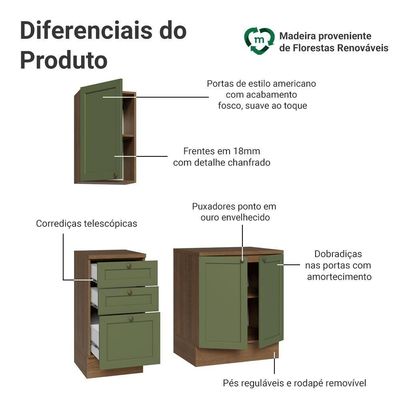 Conjunto Gabinete Para Banheiro 110cm 3 Gavetas 3 Portas Vik Madesa 01 Rustic-verde