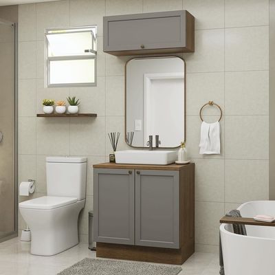 Conjunto Gabinete Para Banheiro 80cm 3 Portas Vik Madesa 02 Rustic-cinza