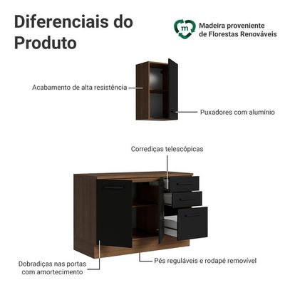 Conjunto Gabinete Para Banheiro 120cm 3 Portas 3 Gavetas Agata Madesa 01 Rustic-preto