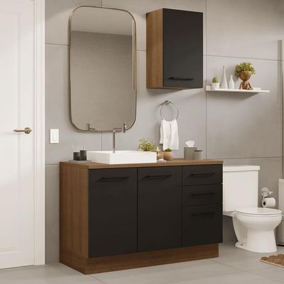 Conjunto Gabinete Para Banheiro 120cm 3 Portas 3 Gavetas Agata Madesa 01 Rustic-preto