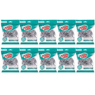 Esponja para Limpeza Pesada em Inox 10 Unidades Flashlimp Inox