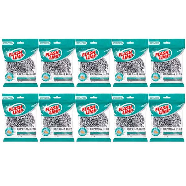 Esponja para Limpeza Pesada em Inox 10 Unidades Flashlimp Inox