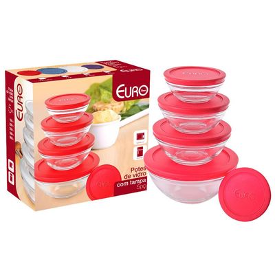 Conjunto de Potes Redondos VDR7090-VM em Vidro 5 Peças Euro Home Vermelho com Transparente