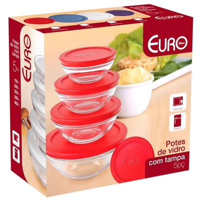 Conjunto de Potes Redondos VDR7090-VM em Vidro 5 Peças Euro Home Vermelho com Transparente