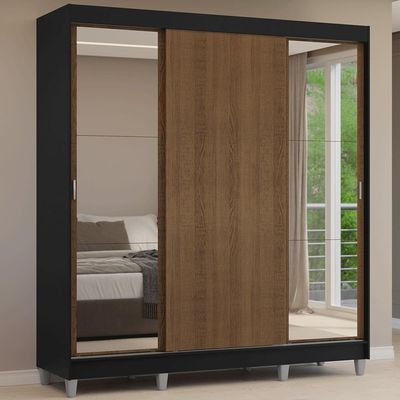Guarda-roupa Casal Com Pés 3 Portas De Correr Com Espelhos Preto/rustic Reno Madesa Preto/rustic