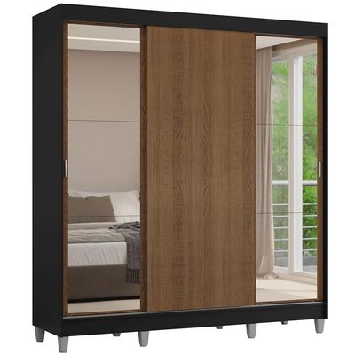 Guarda-roupa Casal Com Pés 3 Portas De Correr Com Espelhos Preto/rustic Reno Madesa Preto/rustic