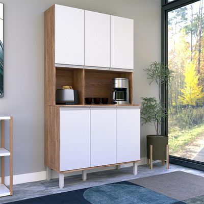 Cozinha Compacta Bartira Jaspe 107,5cm 6 Portas 3 Prateleiras Damasco e Branco Damasco com Branco