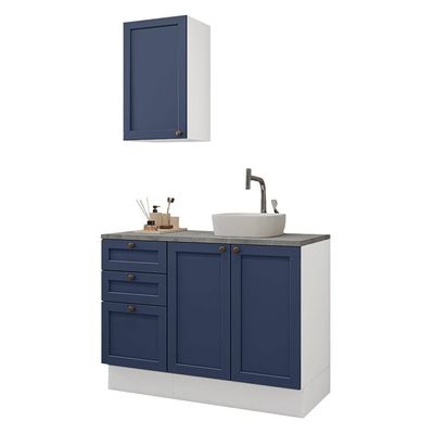 Conjunto Gabinete Para Banheiro 110cm 3 Gavetas 3 Portas Vik Madesa 01 Branco-azul