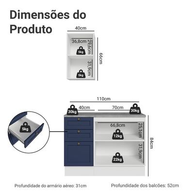 Conjunto Gabinete Para Banheiro 110cm 3 Gavetas 3 Portas Vik Madesa 01 Branco-azul