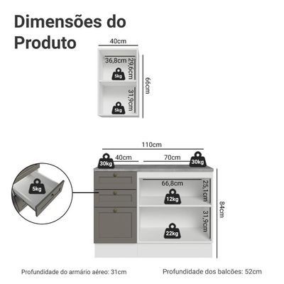 Conjunto Gabinete Para Banheiro 110cm 3 Gavetas 3 Portas Vik Madesa 01 Branco-cinza