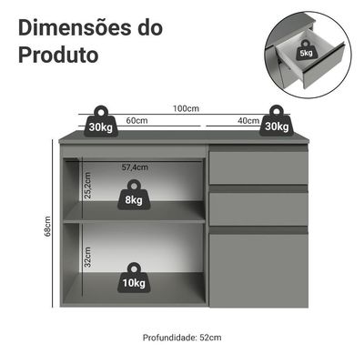 Gabinete Suspenso Para Banheiro 100cm 1 Porta 3 Gavetas Nice Madesa 03 Cinza