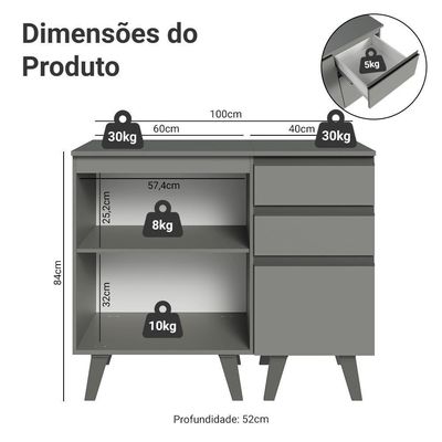 Gabinete Para Banheiro 100cm 1 Porta 3 Gavetas Nice Madesa 04 Cinza