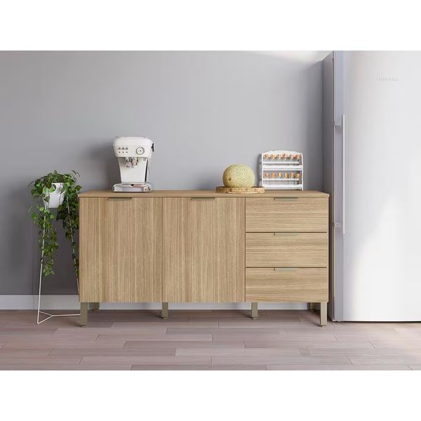 Balcão Kits Paraná 1600 Glam 2 Portas 3 Gavetas Painel Ripado Freijó Vanilla n/a