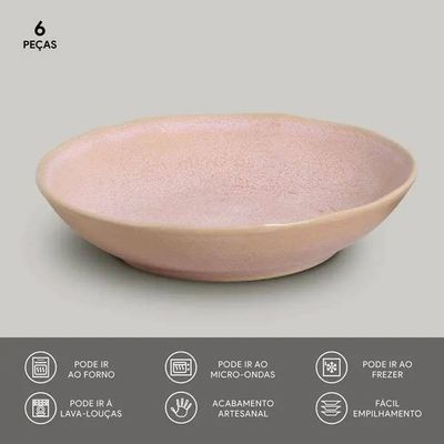Conjunto 6 Pratos Fundos 830ml 22,5cm Stoneware Bio Litchi Rosa Esmalte Reagente Porto Brasil Rosa Claro
