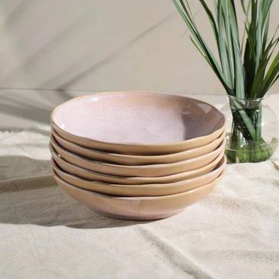 Conjunto 6 Pratos Fundos 830ml 22,5cm Stoneware Bio Litchi Rosa Esmalte Reagente Porto Brasil Rosa Claro