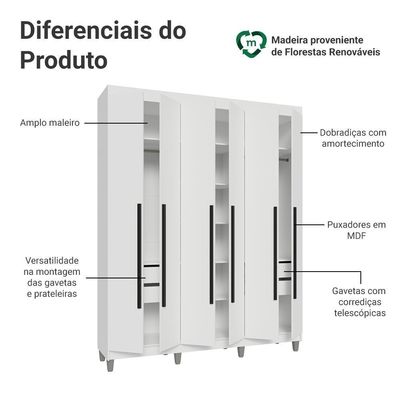 Guarda-roupa Casal Com Pés 6 Portas Batentes Branco/branco/preto Venus Madesa
