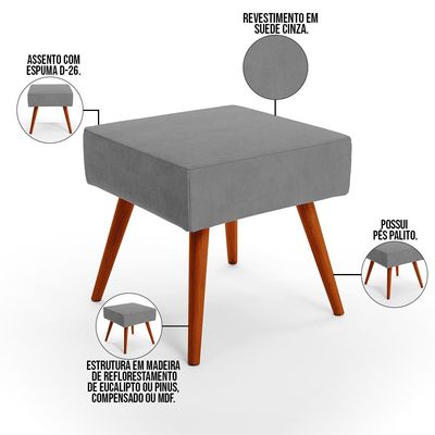 Puff Banqueta Decorativa com Pés Palito Lívia W01 Suede Cinza - Lyam Decor