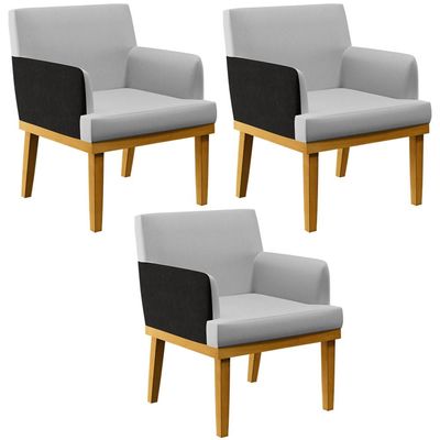 Kit 3 Poltronas Decorativas Para Sala de Estar Beatriz W01 Linho Cinza Couríssimo Preto - Lyam Decor