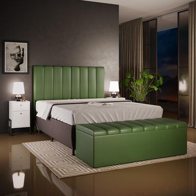 Kit Cabeceira Cama Box Casal Queen 160cm Calçadeira Baú Dália W01 Facto Verde Musgo - Lyam Decor