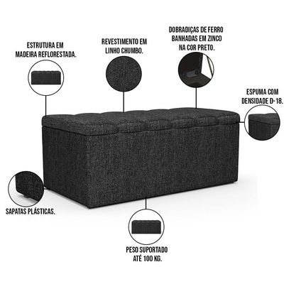 Kit Cabeceira Cama Box Solteiro 100cm e Calçadeira Recamier Baú Dália W01 Linho Chumbo - Lyam Decor