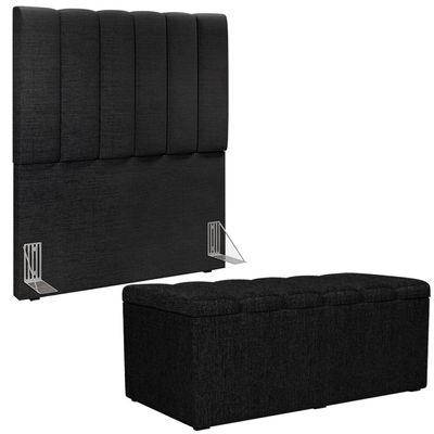 Kit Cabeceira Cama Box Solteiro 100cm e Calçadeira Recamier Baú Dália W01 Linho Chumbo - Lyam Decor