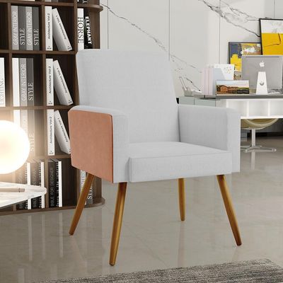 Kit 04 Poltronas Decorativa Maria W01 Pés Palito Linho Cinza Couríssimo Camel - Lyam Decor