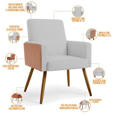 Kit 04 Poltronas Decorativa Maria W01 Pés Palito Linho Cinza Couríssimo Camel - Lyam Decor