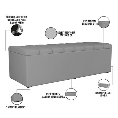 Kit Cabeceira Cama Box Casal 140cm Com Calçadeira Recamier Baú Dália W01 Facto Cinza - Lyam Decor