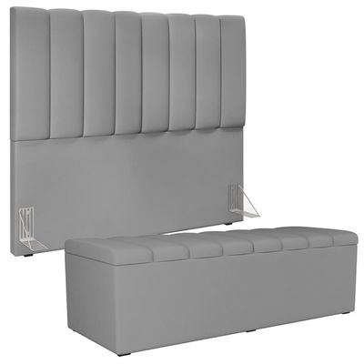 Kit Cabeceira Cama Box Casal 140cm Com Calçadeira Recamier Baú Dália W01 Facto Cinza - Lyam Decor
