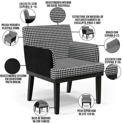 Poltrona Decorativa Base Tabaco Beatriz W01 Suede Pied Poule Couríssimo Preto - Lyam Decor