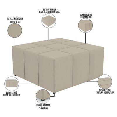 Puff Decorativo Para Sala de Estar Quadrado Milano 90x90cm W01 Linho Bege - Lyam Decor