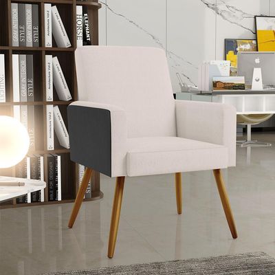 Kit 04 Poltronas Decorativa Maria W01 Pés Palito Linho Cru Couríssimo Preto - Lyam Decor