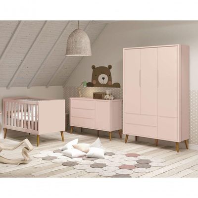 Jogo De Quarto Para Bebê Completo 3 Portas Théo New Rosa Fosco Com Madeira - Reller