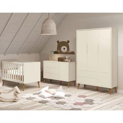 Jogo De Quarto Para Bebê Completo 3 Portas Théo New Areia Fosco Com Madeira - Reller