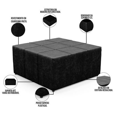 Puff Decorativo Para Sala de Estar Quadrado Milano 90x90cm W01 Couríssimo Preto - Lyam Decor