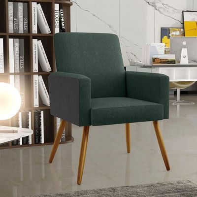 Kit 04 Poltronas Decorativa Maria W01 Pés Palito Linho Verde Musgo Couríssimo Preto - Lyam Decor