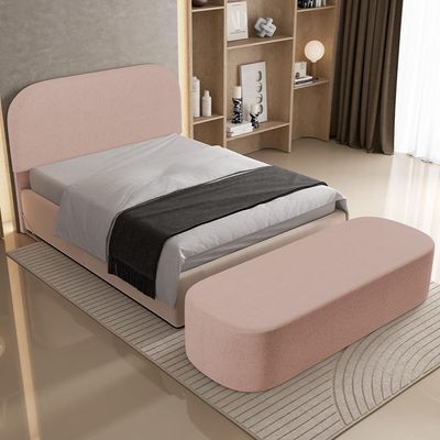 Cabeceira Cama Box Queen 160cm Lanna com Puff Recamier Doha W01  Linho Rosê - Lyam Decor