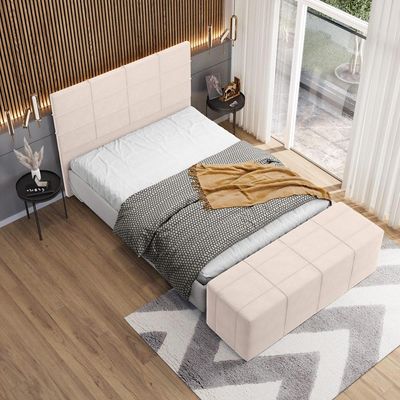 Kit Cabeceira Cama Box Queen 160cm com Calçadeira Roma W01 Suede Bege - Lyam