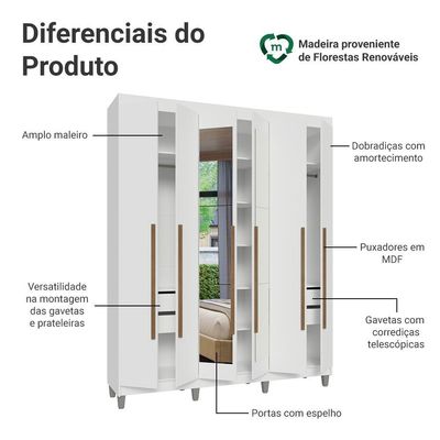 Guarda-roupa Casal Com Pés 6 Portas Batentes Com Espelho Branco/branco/rustic Netuno Madesa