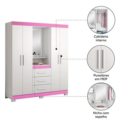 Guarda-roupa 4 Portas Huntano Rosa - Moveisaqui