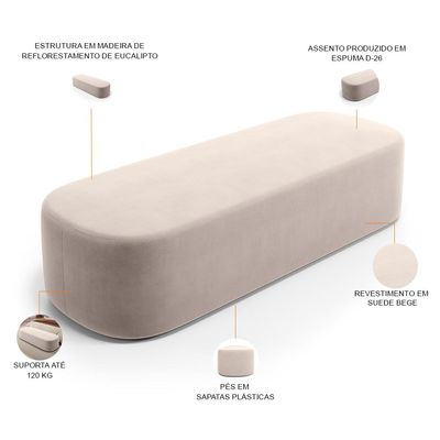Cabeceira Cama Box King 195cm Lanna com Puff Recamier Doha W01 Suede Bege - Lyam Decor
