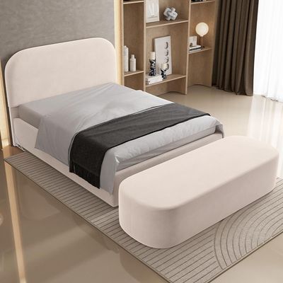 Cabeceira Cama Box King 195cm Lanna com Puff Recamier Doha W01 Suede Bege - Lyam Decor