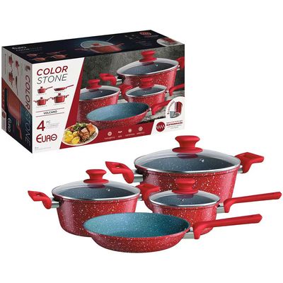 Conjunto de Panelas 4 Peças Colorstone Antiaderente Tampas de Vidro e Cabos de Baquelite Volcano Euro Home Vermelho