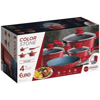 Conjunto de Panelas 4 Peças Colorstone Antiaderente Tampas de Vidro e Cabos de Baquelite Volcano Euro Home Vermelho