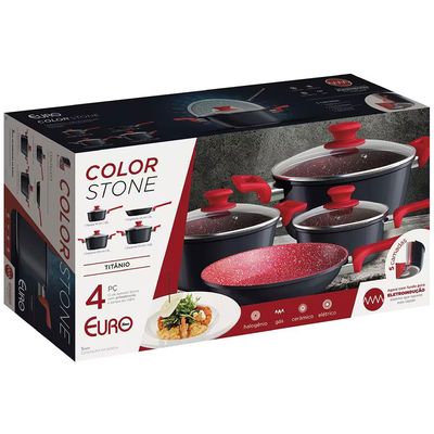 Conjunto de Panelas 4 Peças Colorstone Antiaderente Tampas de Vidro e Cabos de Baquelite Titânio Euro Home Preto